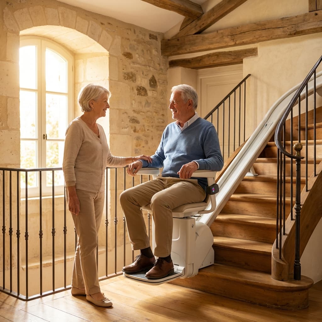 Couple senior heureux utilisant un monte-escalier moderne